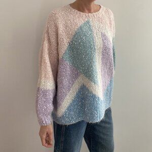 Vintage 80s Mohair Sweater – Pastel Color Block, Oversized Fit